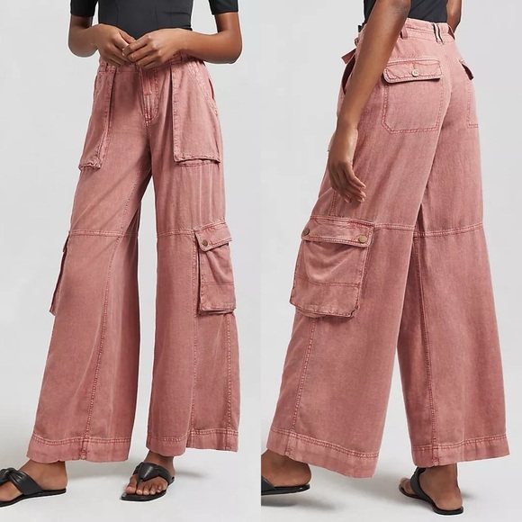 Anthropologie Beach Linen Blend Wide Leg Cargo Pants Mauve Pink Sz 6 - Picture 1 of 8